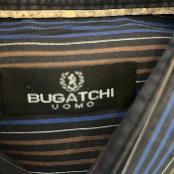 Bugatchi Navy Brown Striped Button Down Shirt - Picture 4 of 6